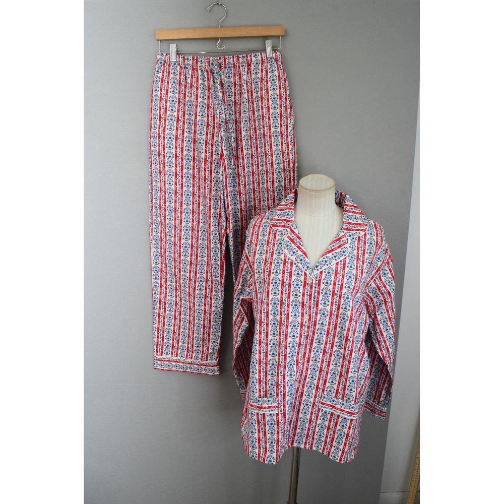 Lanz of Salzburg Pajama Set Small Red Blue Floral Stripe Tyrolean Sleepwear